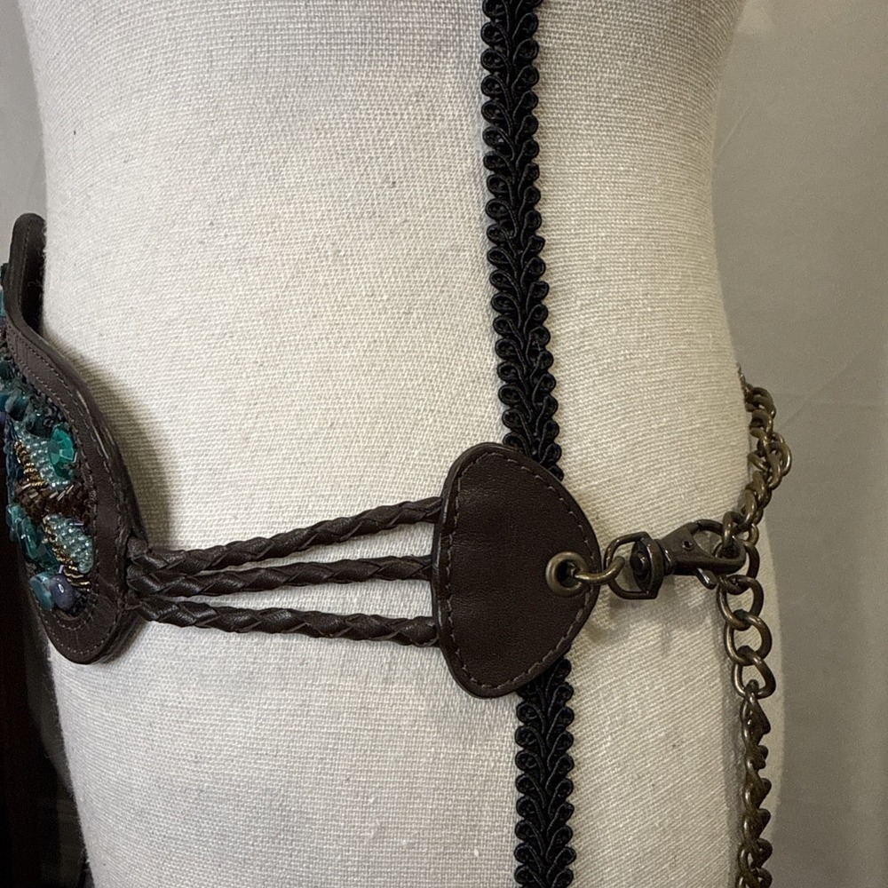 Chicos Mosaic Bead And Stone Vegan Leather Adjustable Chain Belt Y2K - Picture 2 of 6